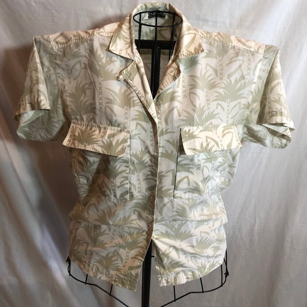 VINTAGE Cristina's MEDIUM Beige Floral Short Sleeve Blouse 19.5" Pit to Pit